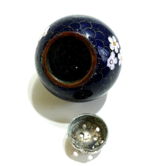 Chinese Cloisonne Salt  Vintage Enamel Brass Floral Black Blossoms  Pink - Picture 6 of 7